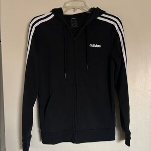 Classic Women’s Adidas Black Zip-Up Hoodie with White Stripes Medium